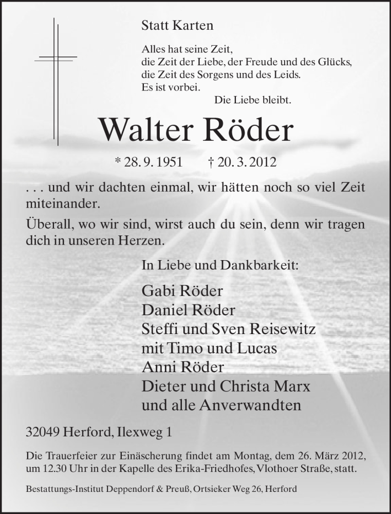  Traueranzeige für Walter Röder vom 23.03.2012 aus Neue Westfälische