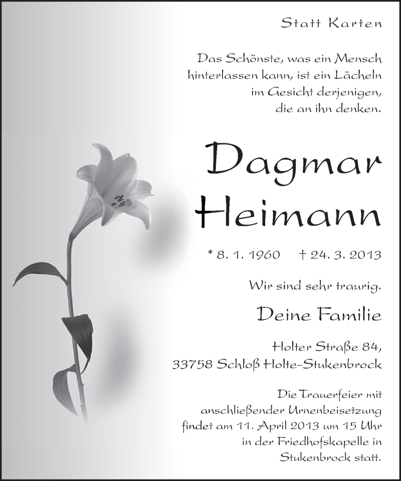  Traueranzeige für Dagmar Heimann vom 06.04.2013 aus Neue Westfälische