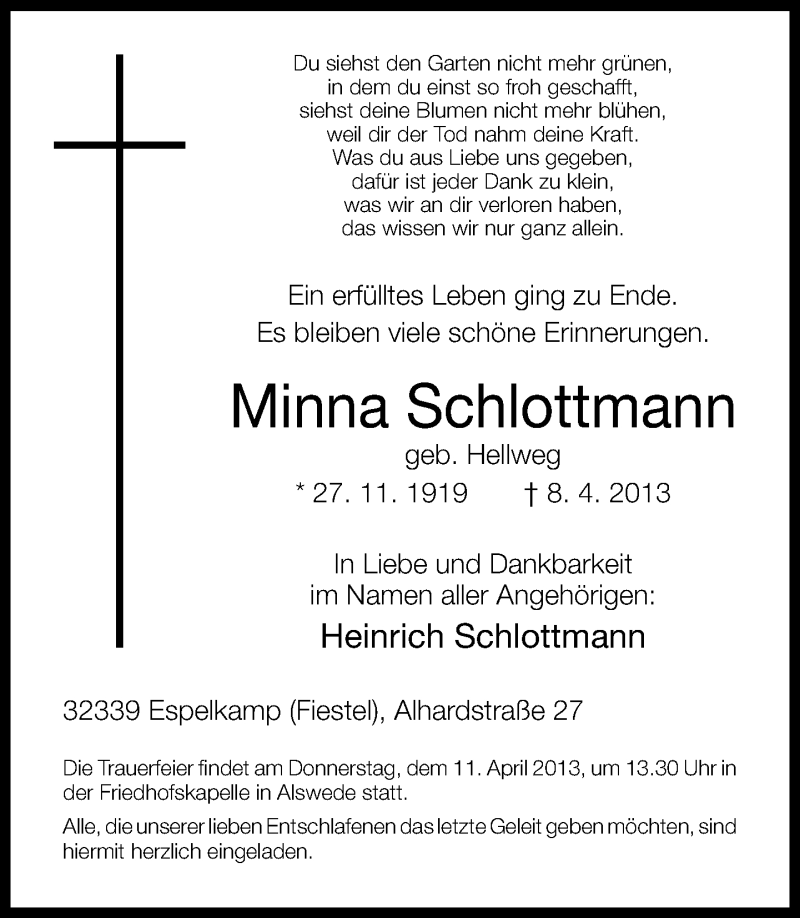  Traueranzeige für Minna Schlottmann vom 09.04.2013 aus Neue Westfälische
