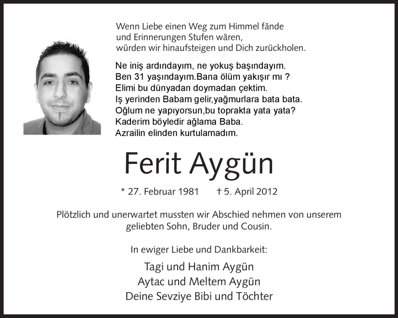  Traueranzeige für Ferit Aygün vom 11.04.2012 aus Neue Westfälische
