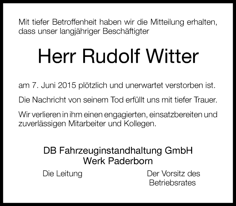  Traueranzeige für Rudolf Witter vom 12.06.2015 aus Neue Westfälische