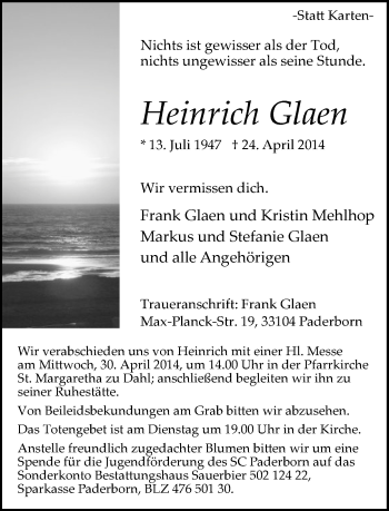 Traueranzeige von Heinrich Glaen von Neue Westfälische