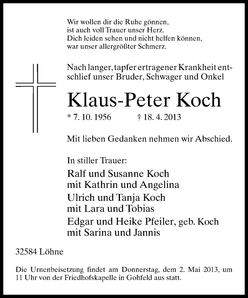  Traueranzeige für Klaus-Peter Koch vom 30.04.2013 aus Neue Westfälische