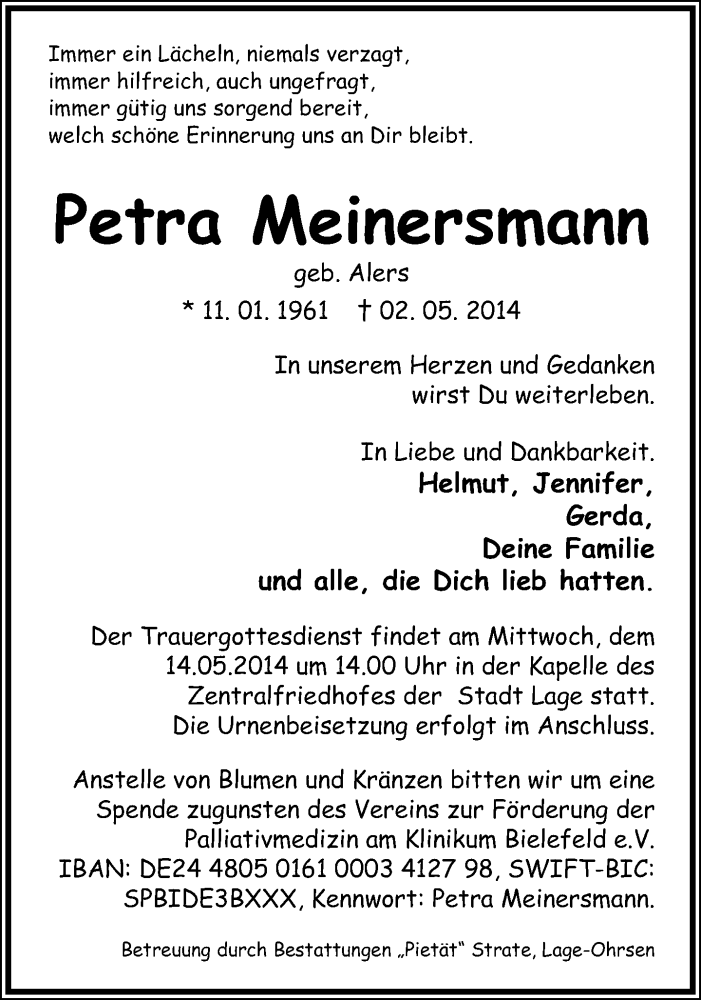  Traueranzeige für Petra Meinersmann vom 10.05.2014 aus Neue Westfälische