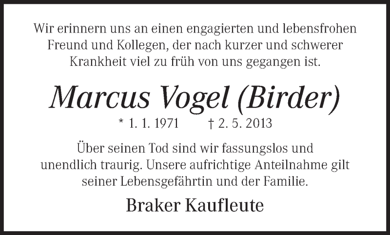  Traueranzeige für Marcus Vogel vom 04.05.2013 aus Neue Westfälische