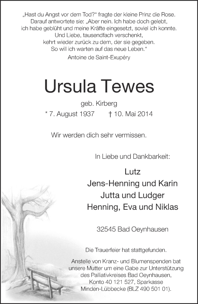  Traueranzeige für Ursula Tewes vom 15.05.2014 aus Neue Westfälische