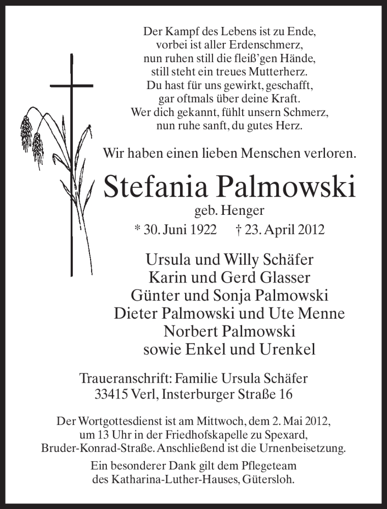  Traueranzeige für Stefania Palmowski vom 25.04.2012 aus Neue Westfälische
