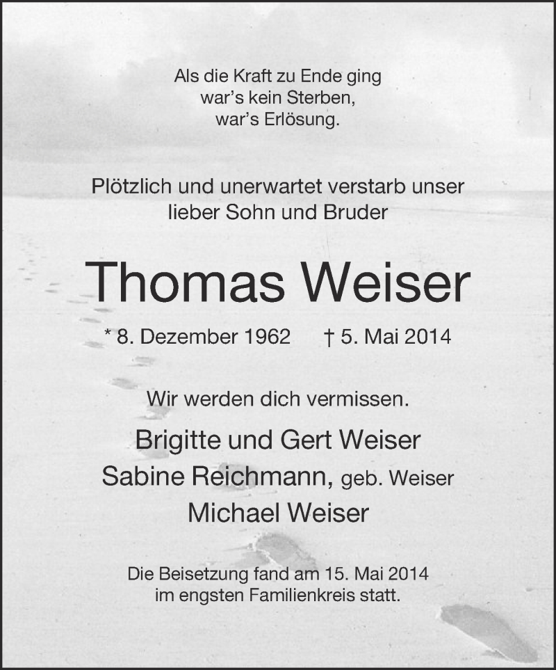  Traueranzeige für Thomas Weiser vom 17.05.2014 aus Neue Westfälische