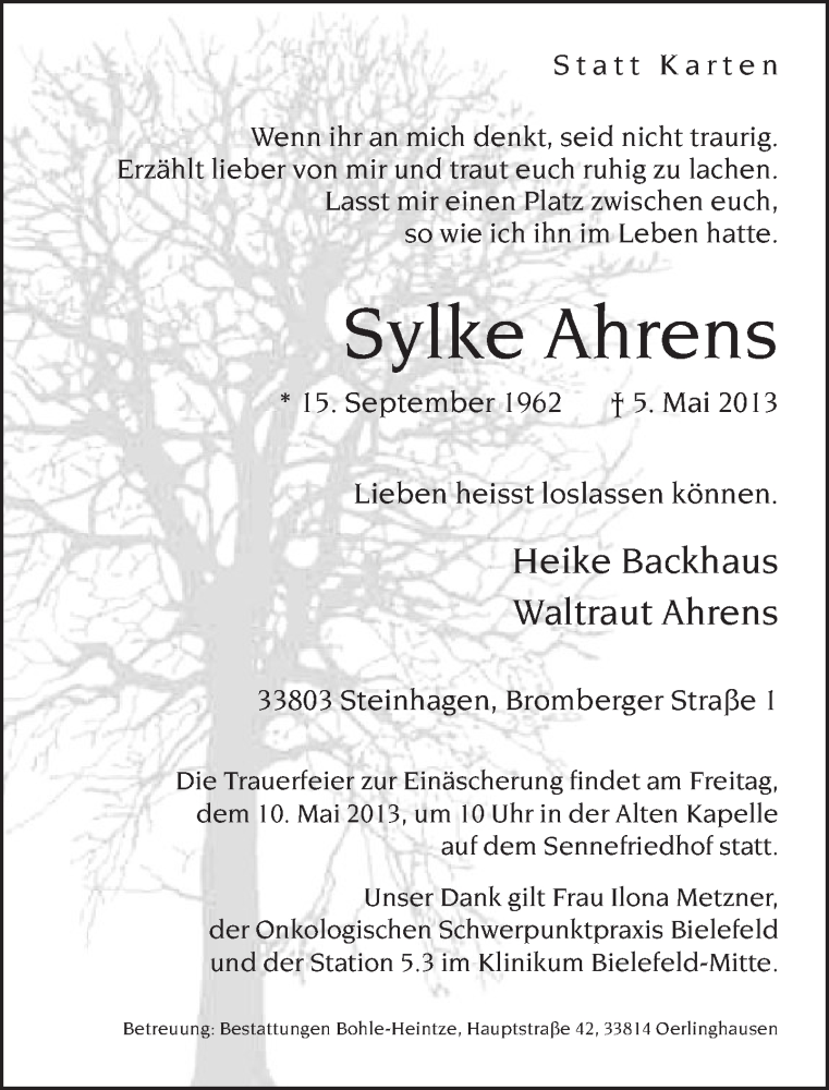  Traueranzeige für Sylke Ahrens vom 08.05.2013 aus Neue Westfälische