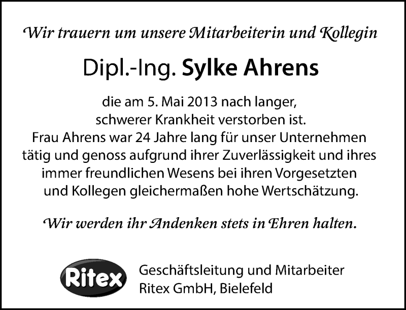  Traueranzeige für Sylke Ahrens vom 11.05.2013 aus Neue Westfälische