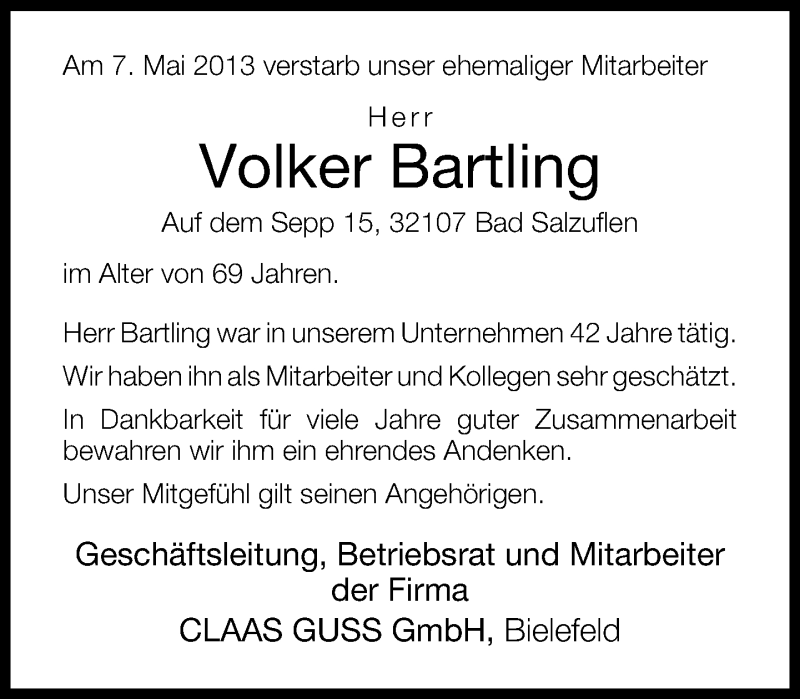  Traueranzeige für Volker Bartling vom 09.05.2013 aus Neue Westfälische