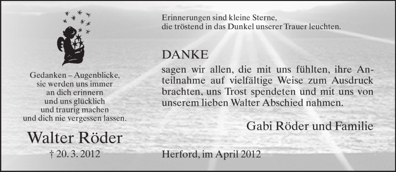  Traueranzeige für Walter Röder vom 28.04.2012 aus Neue Westfälische