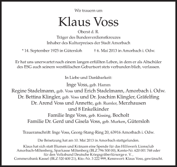 Traueranzeige von Klaus Voss von Neue Westfälische