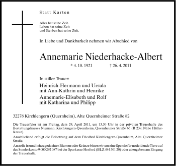 Traueranzeige von Annemarie Niederhacke-Albert von Neue Westfälische