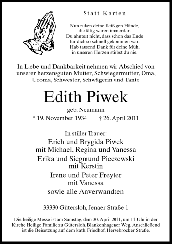 Traueranzeige von Edith Piwek von Neue Westfälische
