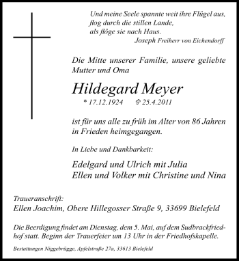 Traueranzeige von Hildegard Meyer von Neue Westfälische