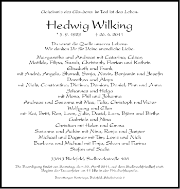 Traueranzeige von Hedwig Wilking von Neue Westfälische