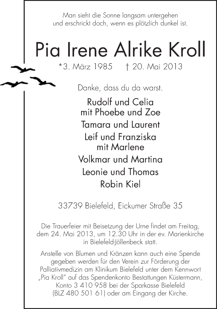  Traueranzeige für Pia Irene Alrike Kroll vom 22.05.2013 aus Neue Westfälische