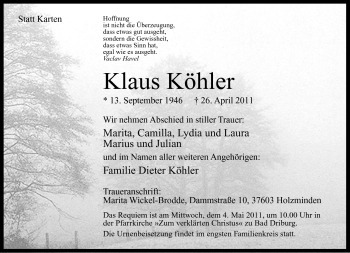 Traueranzeige von Klaus Köhler von Neue Westfälische