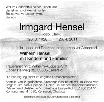 Traueranzeige von Irmgard Hensel von Neue Westfälische