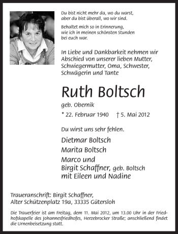 Traueranzeige von Ruth Boltsch von Neue Westfälische