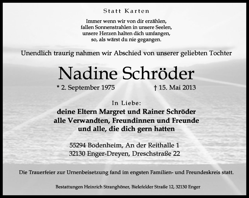  Traueranzeige für Nadine Schröder vom 24.05.2013 aus Neue Westfälische