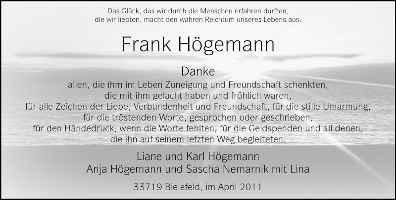  Traueranzeige für Frank Högemann vom 30.04.2011 aus Neue Westfälische