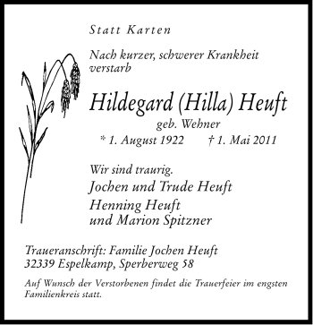Traueranzeige von Hildegard Heuft von Neue Westfälische
