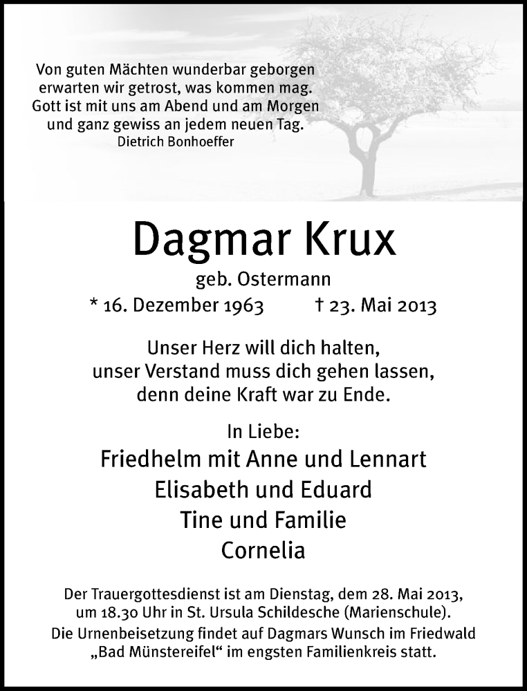  Traueranzeige für Dagmar Krux vom 25.05.2013 aus Neue Westfälische