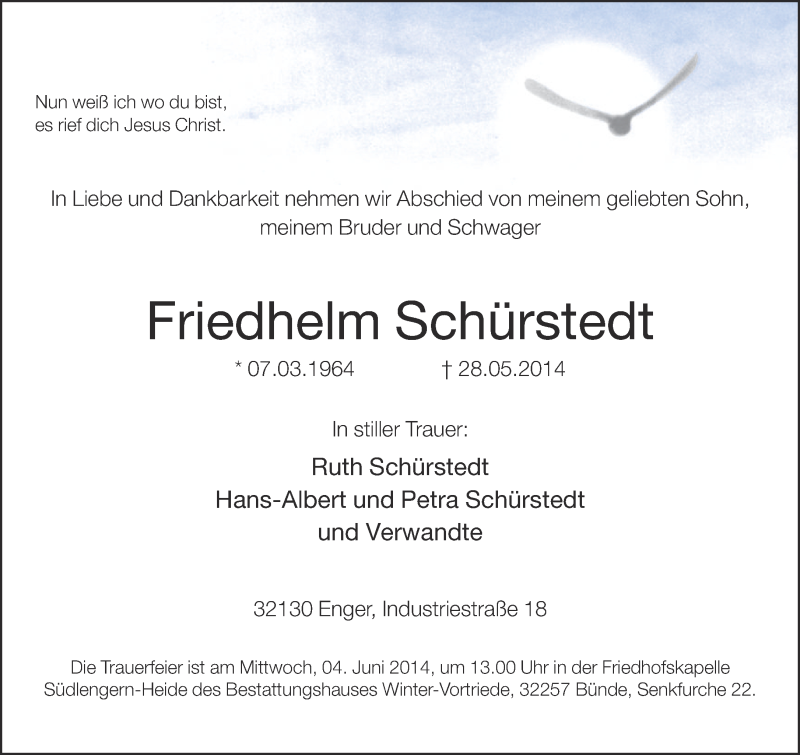  Traueranzeige für Friedhelm Schürstedt vom 31.05.2014 aus Neue Westfälische