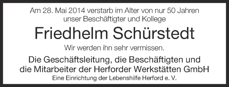  Traueranzeige für Friedhelm Schürstedt vom 04.06.2014 aus Neue Westfälische