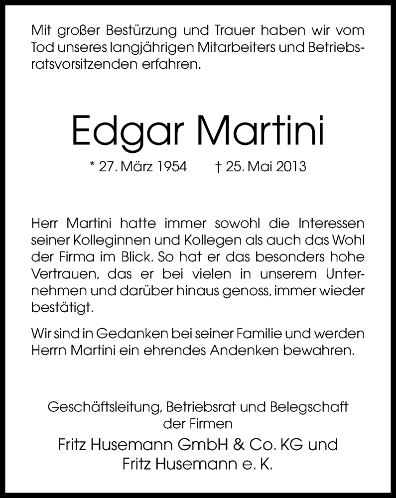  Traueranzeige für Edgar Martini vom 29.05.2013 aus Neue Westfälische