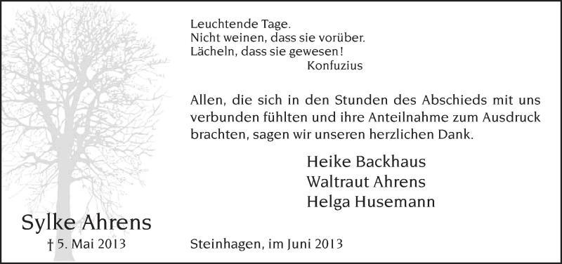  Traueranzeige für Sylke Ahrens vom 08.06.2013 aus Neue Westfälische