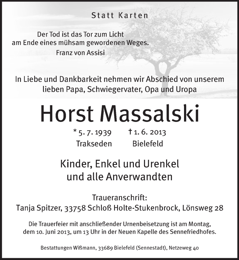  Traueranzeige für Horst Hermann Massalski vom 03.06.2013 aus Neue Westfälische