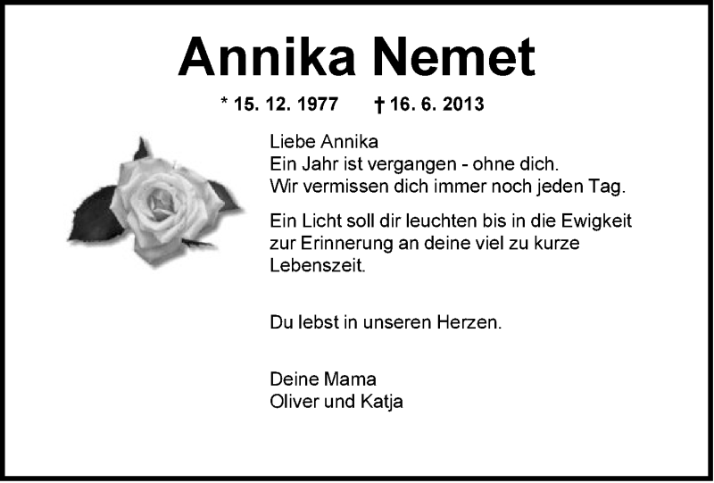 Traueranzeige für Annika Nemet vom 14.06.2014 aus Neue Westfälische
