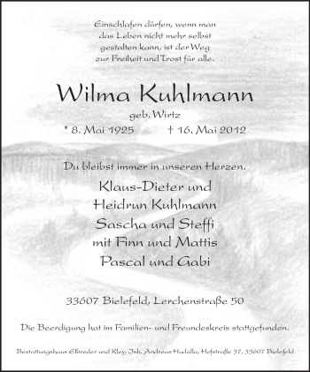 Traueranzeige von Wilma Kuhlmann von Neue Westfälische