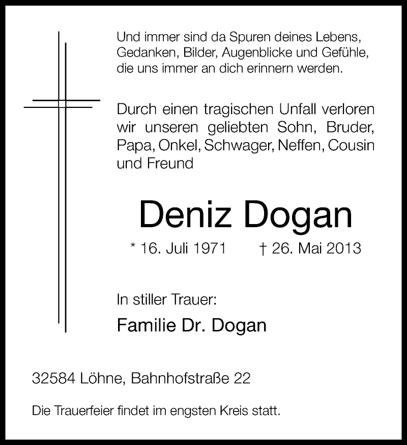  Traueranzeige für Deniz Dogan vom 13.06.2013 aus Neue Westfälische