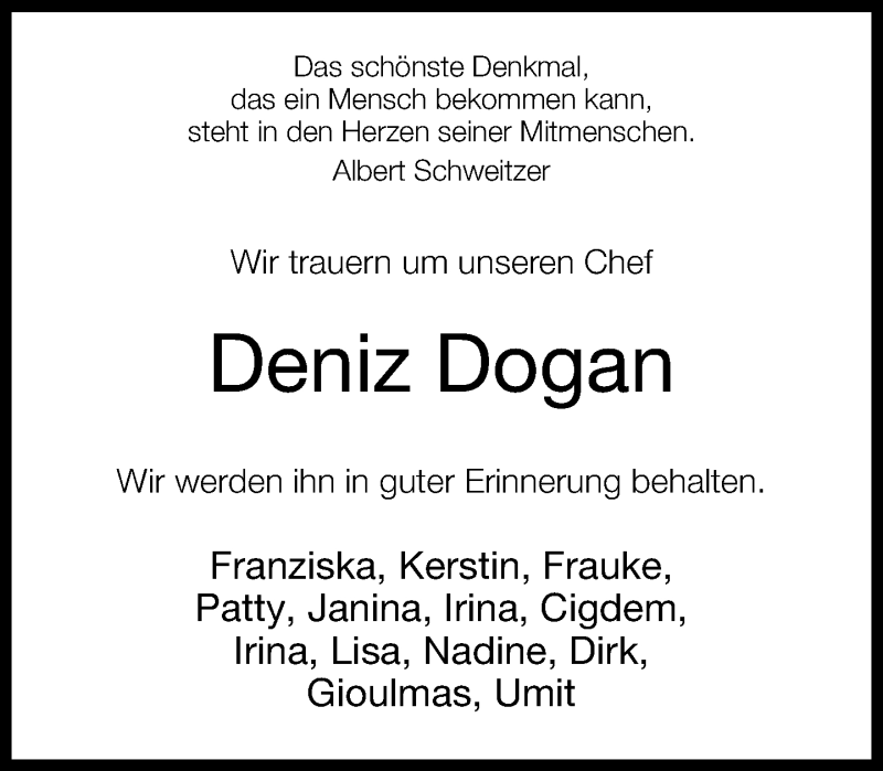  Traueranzeige für Deniz Dogan vom 13.06.2013 aus Neue Westfälische