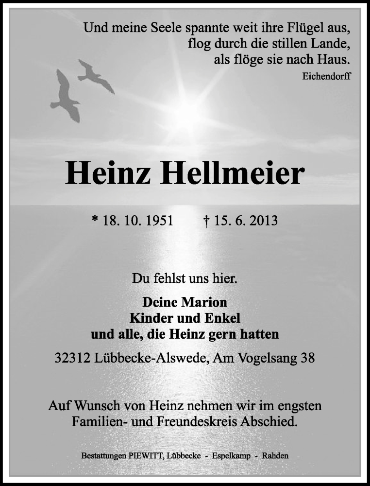  Traueranzeige für Heinz Hellmeier vom 17.06.2013 aus Neue Westfälische