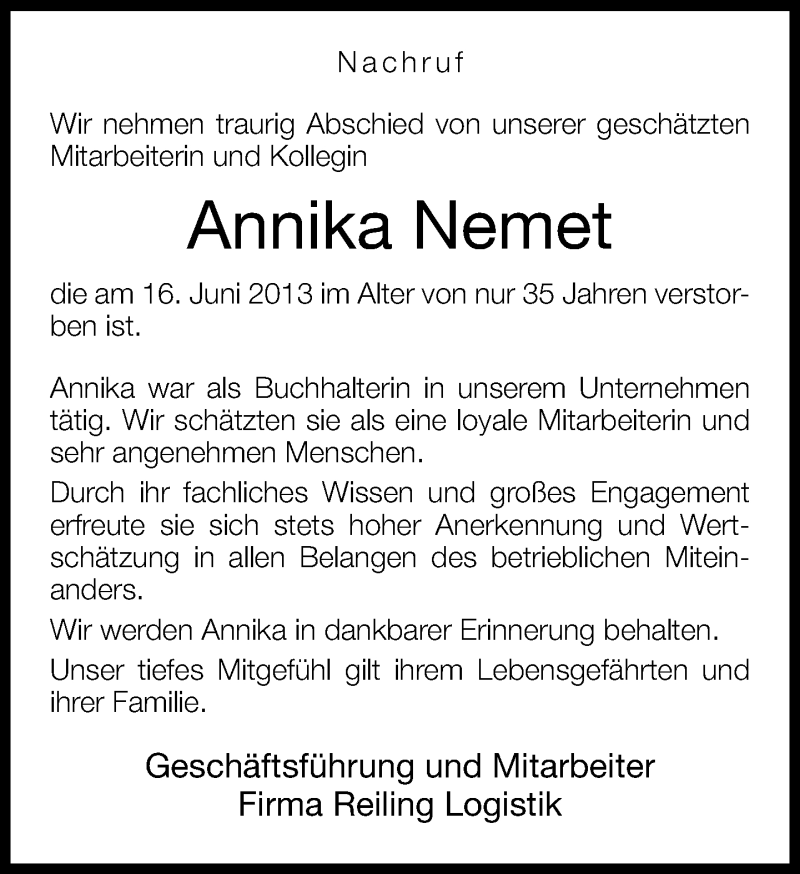  Traueranzeige für Annika Nemet vom 21.06.2013 aus Neue Westfälische
