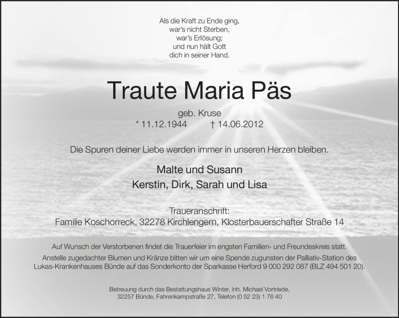 Traueranzeige für Traute Maria Päs vom 20.06.2012 aus Neue Westfälische