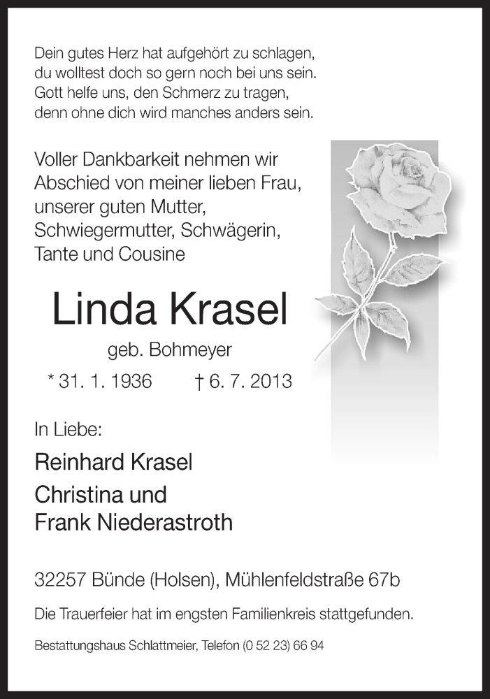  Traueranzeige für Linda Krasel vom 12.07.2013 aus Neue Westfälische