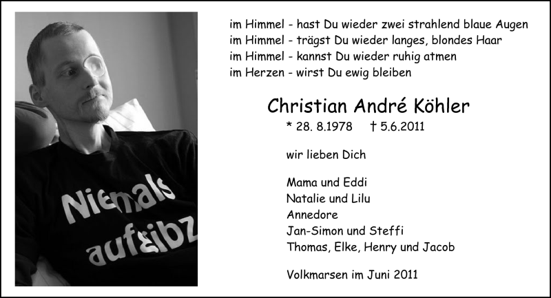  Traueranzeige für Christian Andre Köhler vom 11.06.2011 aus Neue Westfälische
