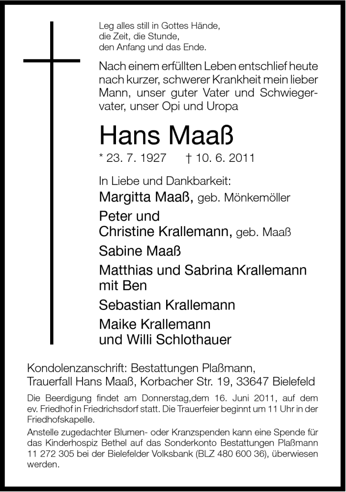  Traueranzeige für Hans Maaß vom 14.06.2011 aus Neue Westfälische