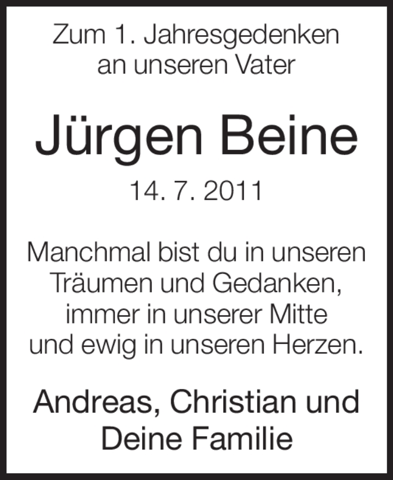  Traueranzeige für Jürgen Beine vom 14.07.2012 aus Neue Westfälische
