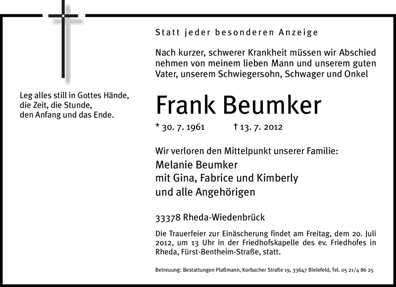  Traueranzeige für Frank Beumker vom 17.07.2012 aus Neue Westfälische