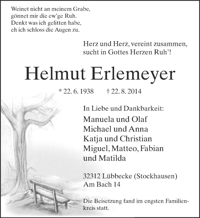  Traueranzeige für Helmut Erlemeyer vom 01.09.2014 aus Neue Westfälische
