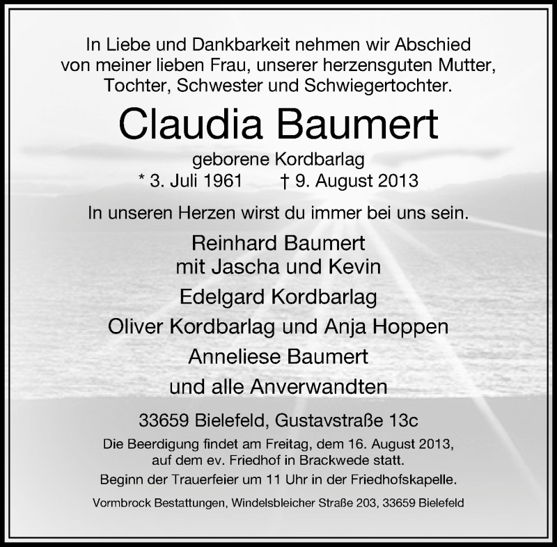  Traueranzeige für Claudia Baumert vom 13.08.2013 aus Neue Westfälische