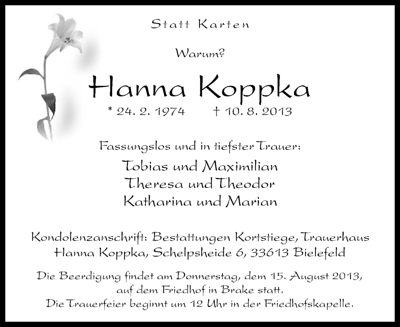  Traueranzeige für Hanna Koppka vom 13.08.2013 aus Neue Westfälische