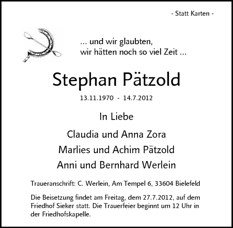  Traueranzeige für Stephan Pätzold vom 21.07.2012 aus Neue Westfälische